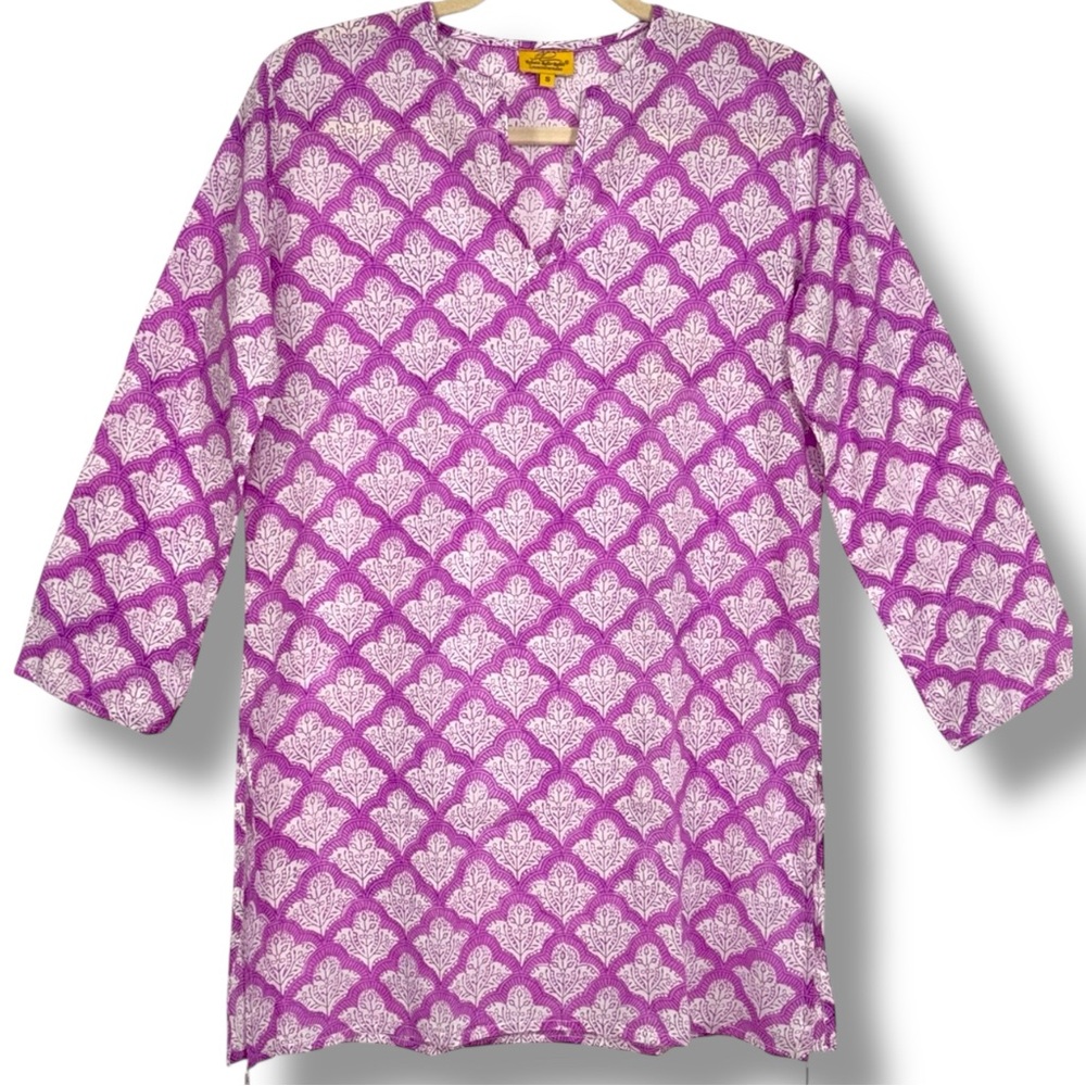 Roberta Roller Rabbit Amanda Kurta Purple White Beaded Tassel Cotton Tunic S